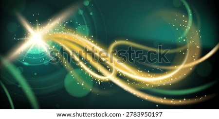 Green abstract backdrop with golden curve ribbons and glowing sparks, premium vector background. Wavy gold lines, bokeh and light effect, elegant metallic glow for luxury design concepts