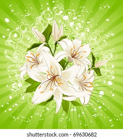 Green abstract background with beautiful flowers. Vector