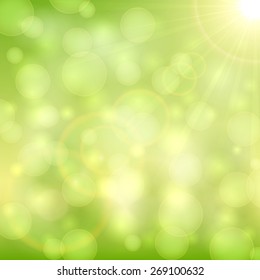 Green abstract background with bokeh light and sun beams, illustration.
