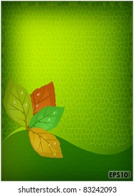 Green abstract background with cellular autumn leaves and drops of water