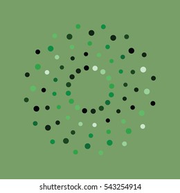 Green abstract background with circles of different color randomly distributed dots, confetti. Vector illustration. Abstract whirligig pattern. Dotted print. Circle distress texture.