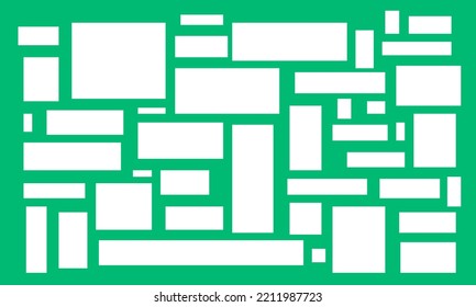 Green abstract background and a collection of white irregular rectangles