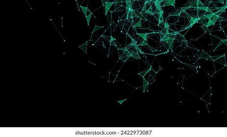 Grüner abstrakter Hintergrund mit Verbindungslinien, Punkten und Dreiecken. Technologienetzanschluss. Digitale Struktur der Partikel. Vektorgrafik.