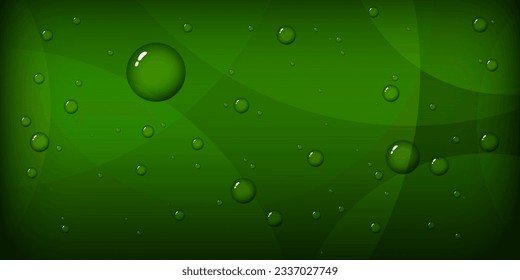 Green abstract background with curved lines and water drops, vector illustration