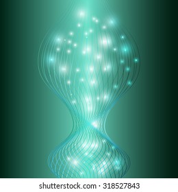 green  abstract background with curved lines and sparks