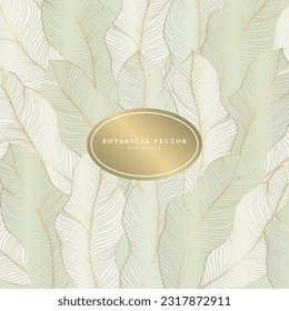 Fondo abstracto verde con plumas delicadas y elementos dorados. Fondo botánico para textos, postales, tarjetas de visita, decoración, portadas y presentaciones