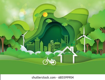 Green abstract background design template.Paper art style nature and eco concept environment conservation.Vector illustration.