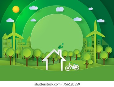 Green abstract background design.Paper art style of nature landscape and eco city concept environment conservation.Vector illustration.