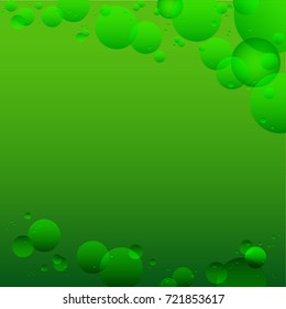 Green abstract background with drops and circles. Weightlessness. A foam party. Fabulous depth.