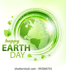 Green abstract background for Earth Day. Round eco template with leaves and sparks for business presentations with empty space for your text. Vector.