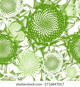 Green abstract background. Flower prints. Hand drawn. Not AI, vector illustration.