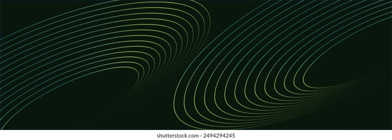 Green abstract background with flowing curved lines. Minimalist blue and green gradient curved line pattern. Modern design elements. Futuristic concept.