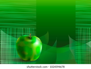 Green abstract background with fresh apple. Vector illustration.