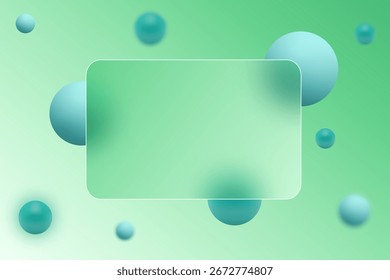 Fundo abstrato verde com efeito de morfismo de vidro e esferas azuis. Eps 10
