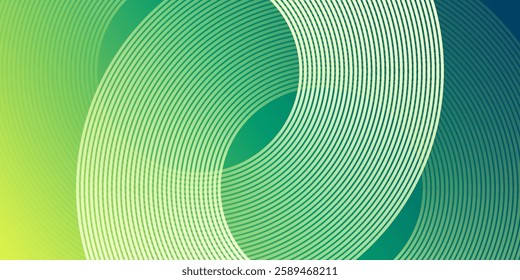 green abstract background with glowing circles. Swirl circular lines pattern. Geometric spiral. Twirl element. Modern graphic design. Futuristic technology concept.