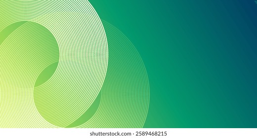 green abstract background with glowing circles. Swirl circular lines pattern. Geometric spiral. Twirl element. Modern graphic design. Futuristic technology concept.