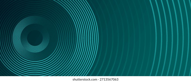 Fondo abstracto verde con círculos brillantes. Patrón de líneas circulares. Espiral geométrica. Elemento giratorio. Diseño gráfico moderno. Concepto de tecnología futurista. Ilustración vectorial