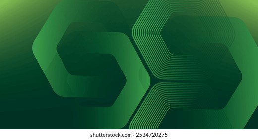Green abstract background with glowing geometric lines. Modern gradient rounded square lines pattern. Futuristic concept.