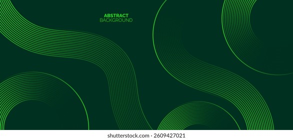Green abstract background with glowing geometric lines. Modern gradient rounded square lines pattern.