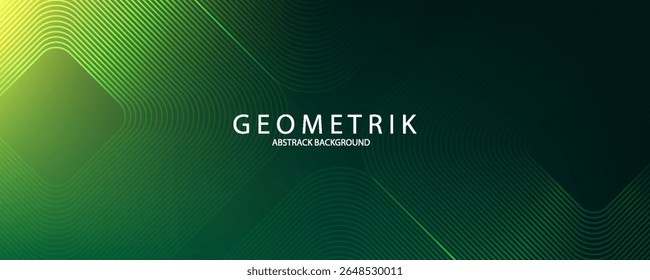 Green abstract background with glowing geometric lines. Modern gradient rounded square lines pattern. Futuristic concept. Suit for banner, brochure, cover, poster, website, flyer. Vector illustration