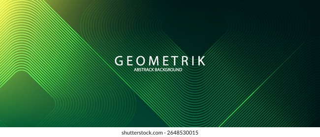 Green abstract background with glowing geometric lines. Modern gradient rounded square lines pattern. Futuristic concept. Suit for banner, brochure, cover, poster, website, flyer. Vector illustration