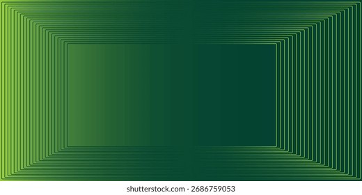Green abstract background with glowing geometric lines. Modern gradient rounded square lines pattern. Futuristic concept. Suit for banner, brochure, cover, poster, website