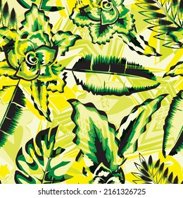 green abstract background illustration with tropical banana leaves and plants foliage on pastel. Hand drawn summer floral background. Botanical seamless pattern made of abstract flower. Summer design