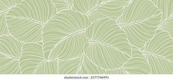Green abstract background with nature leaf pattern. Leaves hand drawn in line art style for fabric, print, cover, banner, invitation, wallpaper. Vector illustration