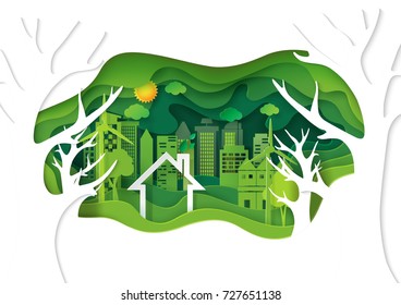 Green abstract background paper carve style.Nature and eco city concept of environment conservation.Vector illustration.