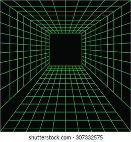 Green abstract background with a perspective grid. Vector illustration