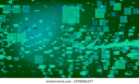 Green abstract background with scattered cyan and green squares. The digital-themed pattern gives a fresh and modern technological feel.