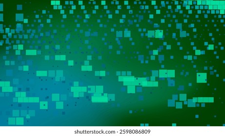 Green abstract background with scattered cyan and green squares. The digital-themed pattern gives a fresh and modern technological feel.