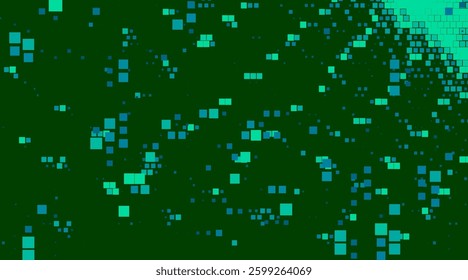 Green abstract background with scattered cyan and green squares. The digital-themed pattern gives a fresh and modern technological feel.