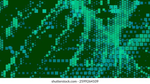 Green abstract background with scattered cyan and green squares. The digital-themed pattern gives a fresh and modern technological feel.