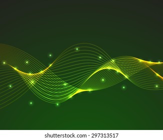 Green abstract background with sparkling magic waves.  Vector pattern for flyer, blank, card, banner, invitation, brochure cover design template.
