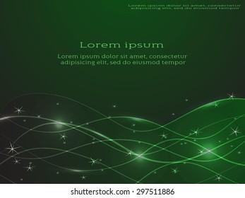 Green abstract background with sparkling magic waves and space for your text. Vector pattern for flyer, blank, card, banner, invitation, brochure cover design template.