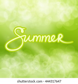 Green Abstract Background with Text Summer, Soft Glow of the Sun ,Summer Concept, Hand Lettering Calligraphy , Vector Illustration 