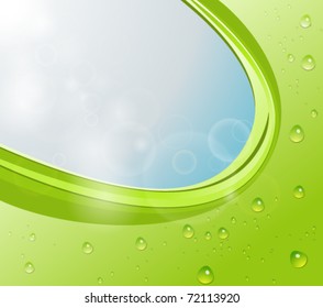 Green abstract background with water drops and sky