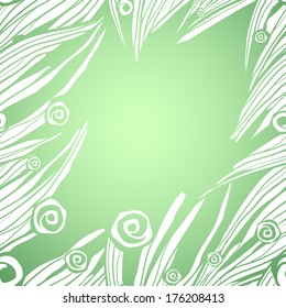 green abstract background with white flowers and grass