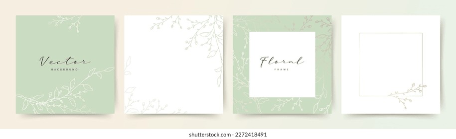 Green abstract backgrounds with spring floral elements. Vector design templates for postcard, poster, business card, flyer, magazine, social media post, banner, wedding invitation 