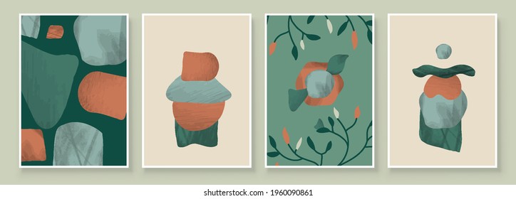 Green Abstract Botanical Organic Art Illustration. Set of soft color painting wall art for house decoration. Minimalistic canvas background design. Vector wall art plants in boho style.