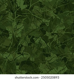 Green abstract branch seamless background of randomly interwoven bands and wavy lines. Grunge ghillie dark green colored digital camo background