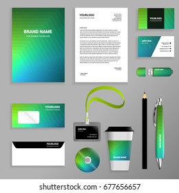 Green abstract Corporate identity template set. Business stationery mock-up with logo. Branding design. Geometric background.