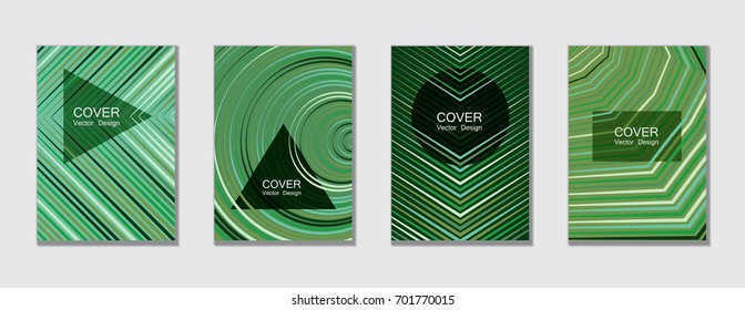 Green abstract cover templates for posters, brochures, banners with geometric shape patterns, halftone lines. Trendy vector brochure templates set, minimal line geometric backgrounds, tech covers.