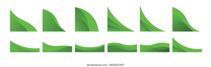 Green Abstract Curve Element Corner Border, Gradient Wave Decoration. Wave Corner Abstract Background Vector. Graphic Design Element. Vector Illustration 