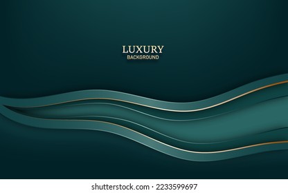 Green abstract curved wave with gold line elements on green dark background