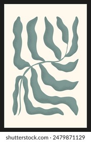 Green abstract drawing wriggling branch with grainy texture on white background in Matisse style. Trendy template for interior decor, banner, poster, postcard.