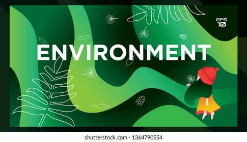 Green abstract dynamic background design. Fluid shapes composition. Modern design posters. Banner. Girl in park. Girl lost in danger. Vector.