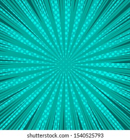 Green abstract dynamic background with radial halftone and rays effects. Vector illustration