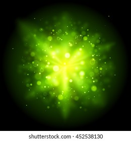 Green abstract explosion bokeh light rays and sparkles. Isolated on a black background. Empty space for text. Detailed vector illustration. 